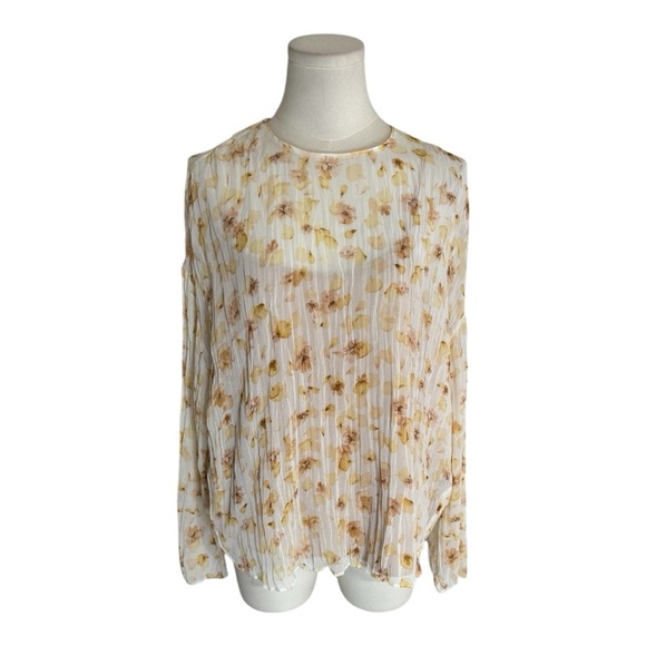 VINCE Pressed Petal Blouse Yellow Floral Pleated Crinkle Semi Sheer Top Shirt L - Picture 6 of 14